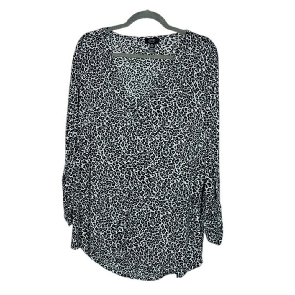 Jones New York Leopard Animal Print Blouse Black White Grey Pullover Size XL
